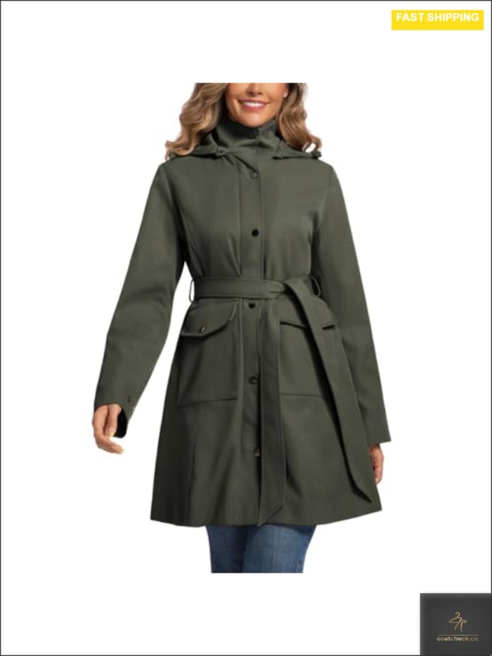 Women's Water Resistant Trench Coat with Detachable Hood & Belt